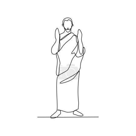 One continuous line drawing of people doing praying during Hajj month. People using ihram for hajj pray activity in simple linear style design concept. Islamic hajj day design vector illustration.