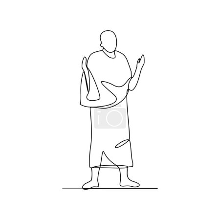 Un dessin continu des personnes qui prient pendant le mois du Hadj. Les gens qui utilisent ihram pour hajj prient activité dans le concept de conception de style linéaire simple. Illustration vectorielle de conception de jour du hajj islamique.