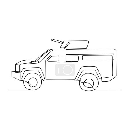 Illustration for One continuous line drawing of Military vehicle vector illustration. Military transportation design in simple linear style concept. Non coloring military vehicle design concept vector illustration. - Royalty Free Image