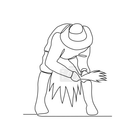 Illustration for One continuous line drawing of Farmer activity vector illustration with white background. Farmer activity are preparing the soil, seeding, irrigating, weeding, and collecting the mature crops. - Royalty Free Image