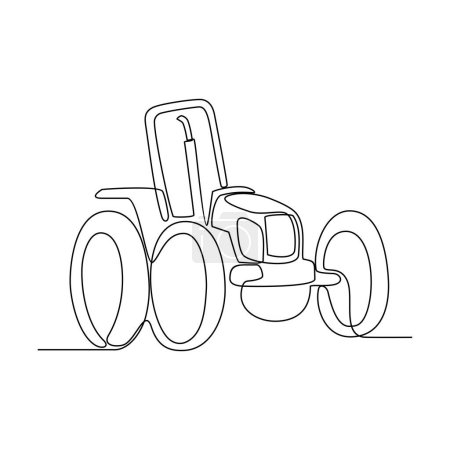Illustration for One continuous line drawing of Farming vehicle vector illustration with white background. Equipment farming for for preparing the soil, seeding, irrigating, weeding, and collecting the mature crops. - Royalty Free Image