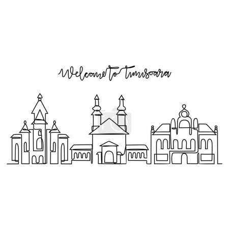 One continuous line drawing of Timisoara skyline vector illustration. Modern city in Europe in simple linear style vector design concept. One big city in Romania. Iconic architectural building design