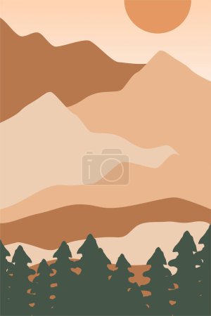 Photo for Printable Abstract Landscape Wall Decoration Poster. Mountains Trees Printable Wall Art. Mid Century Modern Decor. Printable Wall Art Sun Terracotta Wall Art - Royalty Free Image