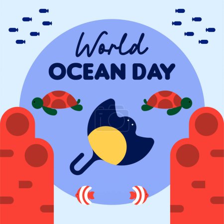 Téléchargez les photos : Journée mondiale de l'océan fond. Journée des océans du monde plat instagram posts.Flyer modèle pour la célébration de la journée mondiale des océans - en image libre de droit