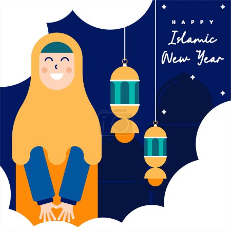 Islamic new year illustration background. Flat greeting cards collection for islamic new year celebration