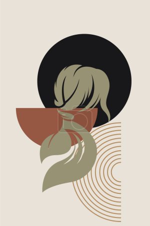 Abstract boho background of girl hair illustration. Mid century boho art background