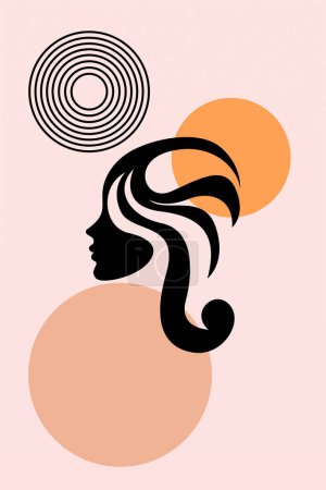 Abstract boho background of girl hair illustration. Mid century boho art background