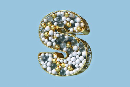 Photo for Christmas spheres 3D font of gold, glass and white floating in a golden structure. Beautiful letter S in a luxurious creative concept. High quality 3D rendering. - Royalty Free Image