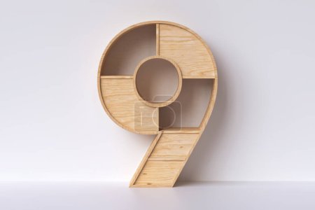 Foto de 3D número 9 con estantes de madera, agradable para decorar un interior o exponer productos. Renderizado 3D - Imagen libre de derechos