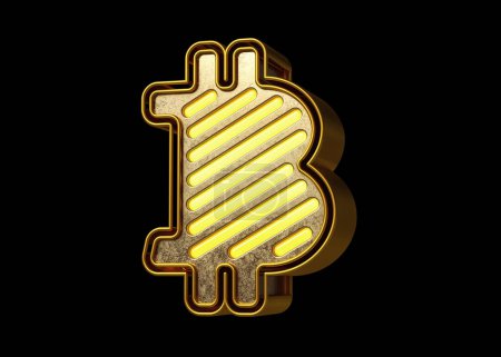 Foto de Logo de Bitcoin de oro brillante con neón. Diseño adecuado para ilustrar blogs, noticias y anuncios en un concepto de criptomoneda. Renderizado 3D de alta calidad. - Imagen libre de derechos