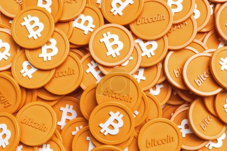 Photo for Many mixed Bitcoins showing the symbol and name in orange and white colors. High quality 3D rendering. - Royalty Free Image