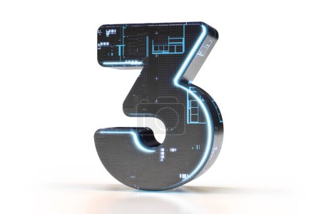Photo for Futuristic font digit number 3. Suitable for technology, electronics, engineering, digital, gaming, sci-fi and robotic concepts. High quality 3D rendering. - Royalty Free Image