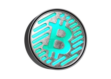 Foto de Exhibición del logotipo de Bitcoin en plata con neones. Diseño de criptomoneda intermitente para ilustrar anuncios y noticias. Renderizado 3D de alta calidad. - Imagen libre de derechos