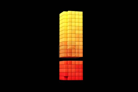 Téléchargez les photos : Point d'exclamation de style Pixel art en jaune et orange. Fonte concept 8 bits de rendu 3D haute définition - en image libre de droit