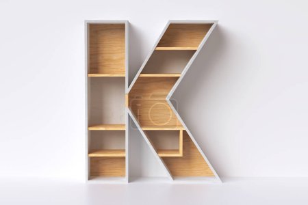 Foto de Almacene estantes de madera en forma de letra K agradable para mostrar productos u objetos ecológicos. Renderizado 3D - Imagen libre de derechos