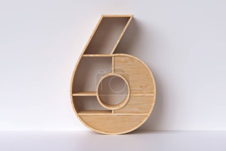 Foto de Estanterías de madera en forma de número 6. Conceptos decorativos bricolaje y carpintería. Renderizado 3D - Imagen libre de derechos