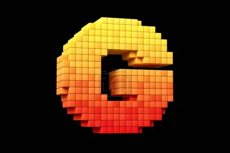 Téléchargez les photos : Lettrage numérique lettre de police pixel art 3D G en jaune à orange schéma de couleurs. rendu 3D de haute qualité. - en image libre de droit