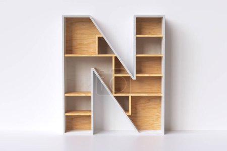 Téléchargez les photos : Étagères vides en bois en forme de lettre N, idéales pour afficher des produits de détail ou décorer un espace intérieur. Combinaison érable blanc et pin naturel. rendu 3D - en image libre de droit