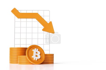Foto de Choque de Bitcoin, flecha bajista y algunas monedas apiladas junto a un tablero gráfico. Esquema de color naranja y blanco mínimo. Renderizado 3D de alta calidad. - Imagen libre de derechos