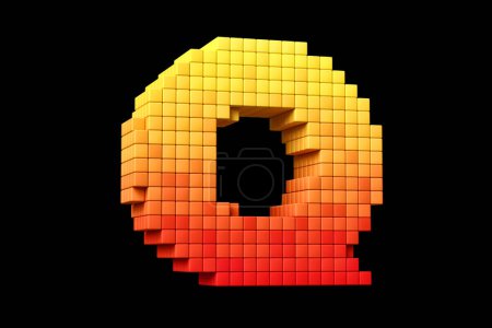 Téléchargez les photos : Lettrage numérique Lettre de police de pixel art 3D Q en jaune à orange. rendu 3D de haute qualité. - en image libre de droit