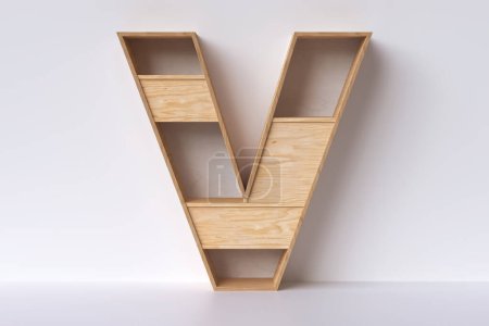 Téléchargez les photos : Rayonnage en bois lettre en forme V. Idée de conception pour l'affichage de livres ou de petits objets décoratifs. rendu 3D - en image libre de droit