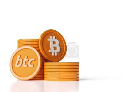 Foto de Monedas de Bitcoin apiladas y espacio de copia para un concepto de criptomoneda. Esquema de color naranja y blanco Bitcoin símbolo y Btc ticker iconos. Renderizado 3D de alta calidad. - Imagen libre de derechos