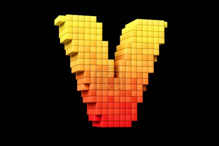 Téléchargez les photos : Polices 16 bits pixel art lettre V en jaune et orange. rendu 3D haute définition. - en image libre de droit