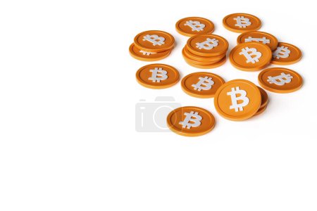 Foto de Bitcoin monedas dispersas al azar en una superficie blanca. Criptomonedas aisladas sobre un fondo blanco limpio. Renderizado 3D de alta calidad. - Imagen libre de derechos