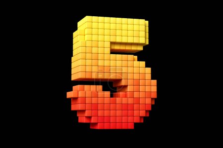 Téléchargez les photos : Lettrage pixel chiffre 3D numéro 5 en jaune et orange schéma de couleurs. rendu 3D de haute qualité. - en image libre de droit