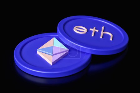 Photo for Ethereum colorful cryptocurrency tokens showing logo and Eth ticker text. Design suitable for illustrating news and advertisements. High resolution 3D rendering. - Royalty Free Image
