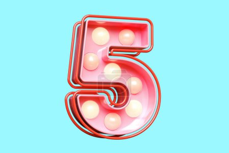 Foto de Lightbox signo tipografía dígito número 5 en rosa con luces amarillas suaves. Impresionante fuente luminosa. Renderizado 3D de alta calidad. - Imagen libre de derechos
