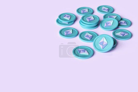 Foto de Ethereum crypto monedas al azar dispersas en una superficie de color lavanda. Criptomonedas aisladas sobre una superficie de fondo limpia. Renderizado 3D de alta calidad. - Imagen libre de derechos