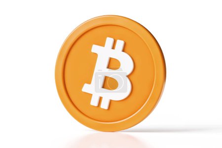 Foto de Icono de Bitcoin 3D en colores naranja y blanco, aislado sobre fondo blanco. Renderizado 3D de alta calidad. - Imagen libre de derechos