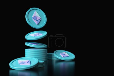 Téléchargez les photos : Ethereum pièces crypto-monnaie en mouvement formant des piles. Convient pour les concepts de trading et d'épargne d'argent numérique. rendu 3D de haute qualité. - en image libre de droit