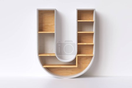 Foto de Letra de madera 3D U en forma de unidad de estantería. Diseño de interiores concepto bricolaje. Ilustración 3D - Imagen libre de derechos