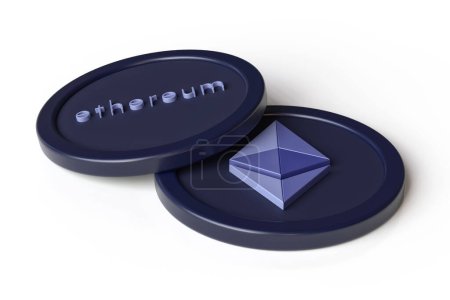 Téléchargez les photos : Ethereum Eth jetons crypto-monnaie affichant le logotype et le nom. Design adapté pour illustrer les nouvelles et les annonces. rendu 3D haute résolution. - en image libre de droit