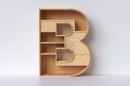 Photo for Wooden shelf in the shape of letter B in an empty interior with copy space. High definition 3D rendering - Royalty Free Image