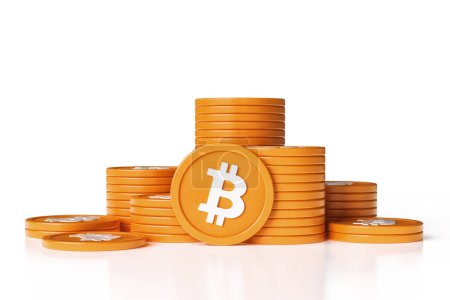 Foto de Montón de monedas de Bitcoin en varias pilas. Agradable para conceptos de criptomoneda y dinero digital. Renderizado 3D de alta calidad. - Imagen libre de derechos