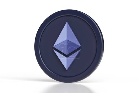 Foto de Icono Ethereum Eth token 3D en combinación de colores azul oscuro y púrpura. Diseño adecuado para conceptos criptomoneda. Renderizado 3D de alta calidad. - Imagen libre de derechos