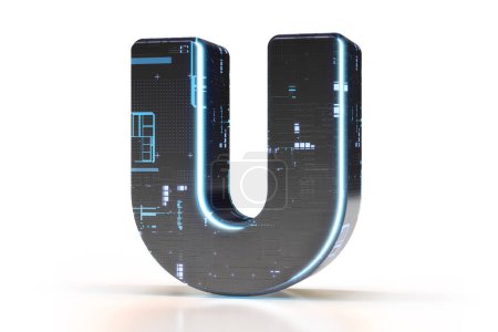 Photo for Electrical engineering 3D font typeface letter U. Suitable for technology, electronics, engineering, digital, gaming, science fiction and robotic concepts. High quality 3D rendering. - Royalty Free Image