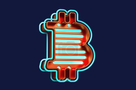 Foto de Impresionante logotipo Bitcoin 3D en naranja metálico con líneas de neón azul brillante. Renderizado 3D de alta calidad - Imagen libre de derechos