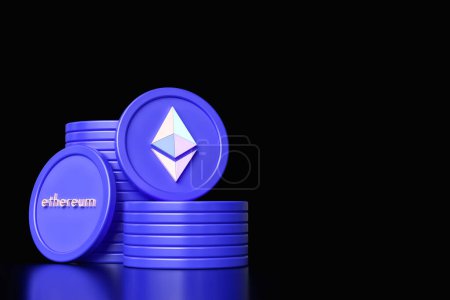 Téléchargez les photos : Jetons Ethereum empilés et espace de copie pour un concept de crypto-monnaie. Schéma de couleurs bleu électrique et noir. rendu 3D de haute qualité. - en image libre de droit