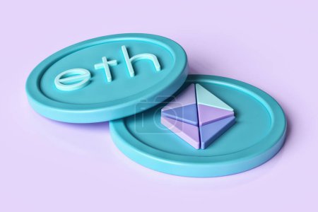Foto de Tokens criptomoneda blockchain Ethereum que muestra el logotipo y la abreviatura de texto del ticker Eth. Visualización 3D de alta resolución. - Imagen libre de derechos