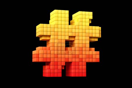 Téléchargez les photos : Pixel art style Hashtag symbole en jaune à orange schéma de couleurs. Haute définition 3D rendu vieille école arcade concept police. - en image libre de droit