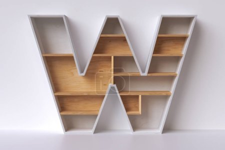 Téléchargez les photos : Rayonnage 3d en forme de lettre W en bois. Idéal pour afficher des produits décoratifs. rendu 3D - en image libre de droit