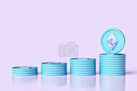 Photo for Set of 4 stacks of Ethereum Eth tokens sorted in order from smallest to largest. Suitable design for ads and banners for cryptocurrency concepts. High definition 3D rendering. - Royalty Free Image