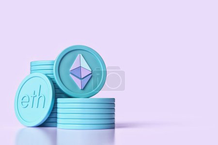 Photo for Stacked Ethereum coins and copy space for a cryptocurrency concept. Soft blue and lavender color scheme Ethereum symbol and Eth ticker icons. High quality 3D rendering. - Royalty Free Image