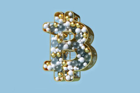 Téléchargez les photos : Attrayant Bitcoin Btc symbole fait de sphères flottantes brillantes. Illustration adaptée aux nouvelles crypto-monnaie, publicités et impressions. rendu 3D haute définition. - en image libre de droit