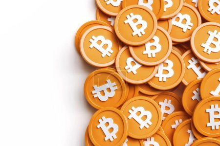 Foto de Plantilla de Bitcoin hecha de muchas monedas colocadas al azar con espacio vacío a la izquierda. Renderizado 3D de alta calidad. - Imagen libre de derechos