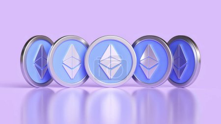 Foto de 5 criptomoneda de pie Ethereum Eth monedas vistas desde diferentes ángulos. Diseño ilustrativo para conceptos de activos digitales. Renderizado 3D de alta calidad. - Imagen libre de derechos